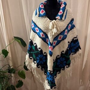 Colorful Knit Poncho with Fringe